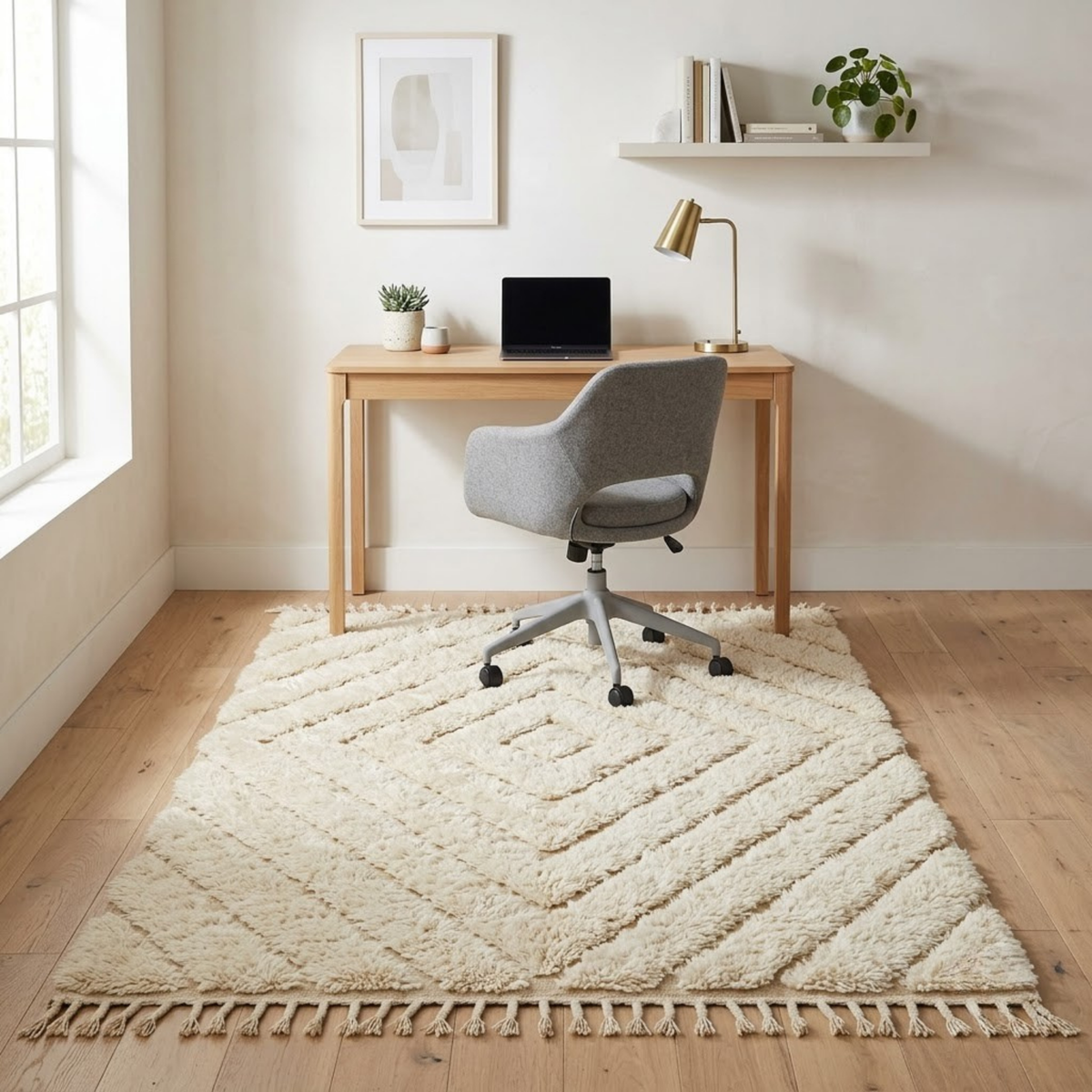 Handmade Moroccan Wool Rug Beni Ourain Style | High-Low 3D Concentric Diamond Pattern in Sand Beige & Ivory