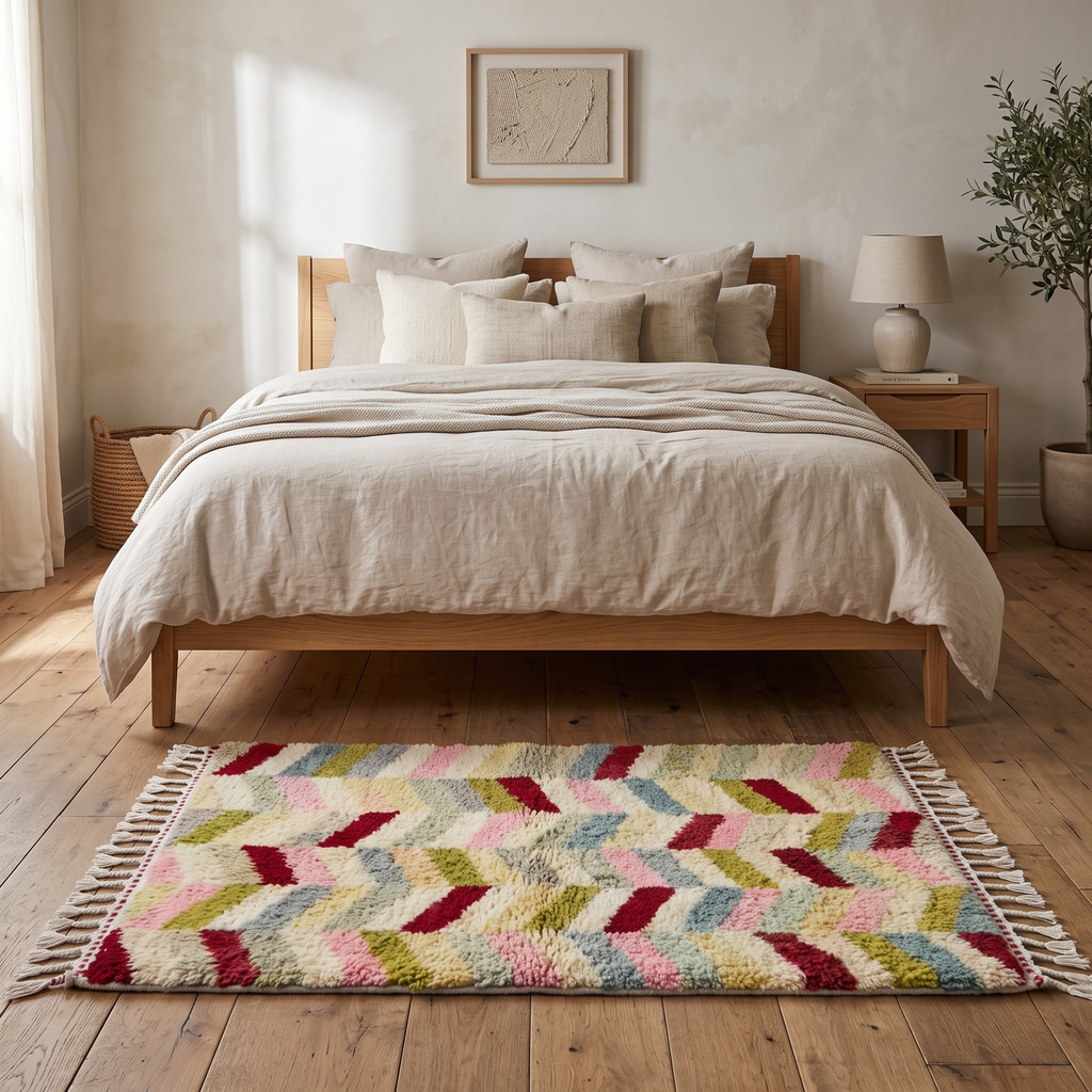 Handmade Moroccan Wool Rug Azilal / Boujaad Style | Multicolor Herringbone Chevron Pattern Atlas Carpet