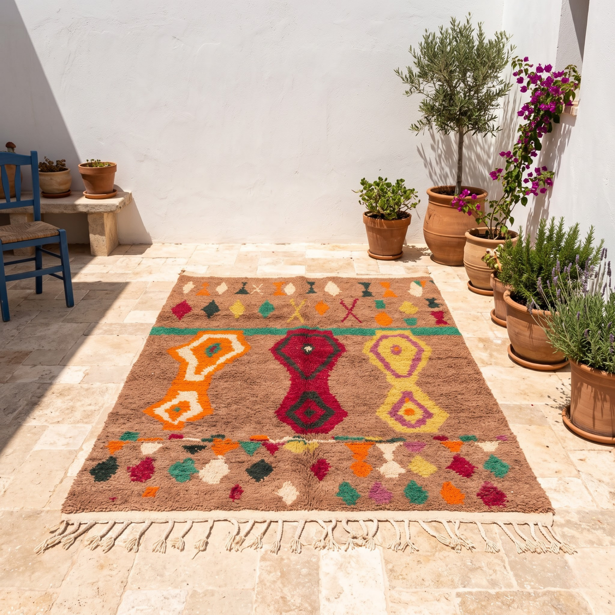 Handmade Moroccan Wool Rug Azilal / Boujaad Style | Mocha Brown Field with Tribal Urn & Talisman Motifs Atlas Carpet