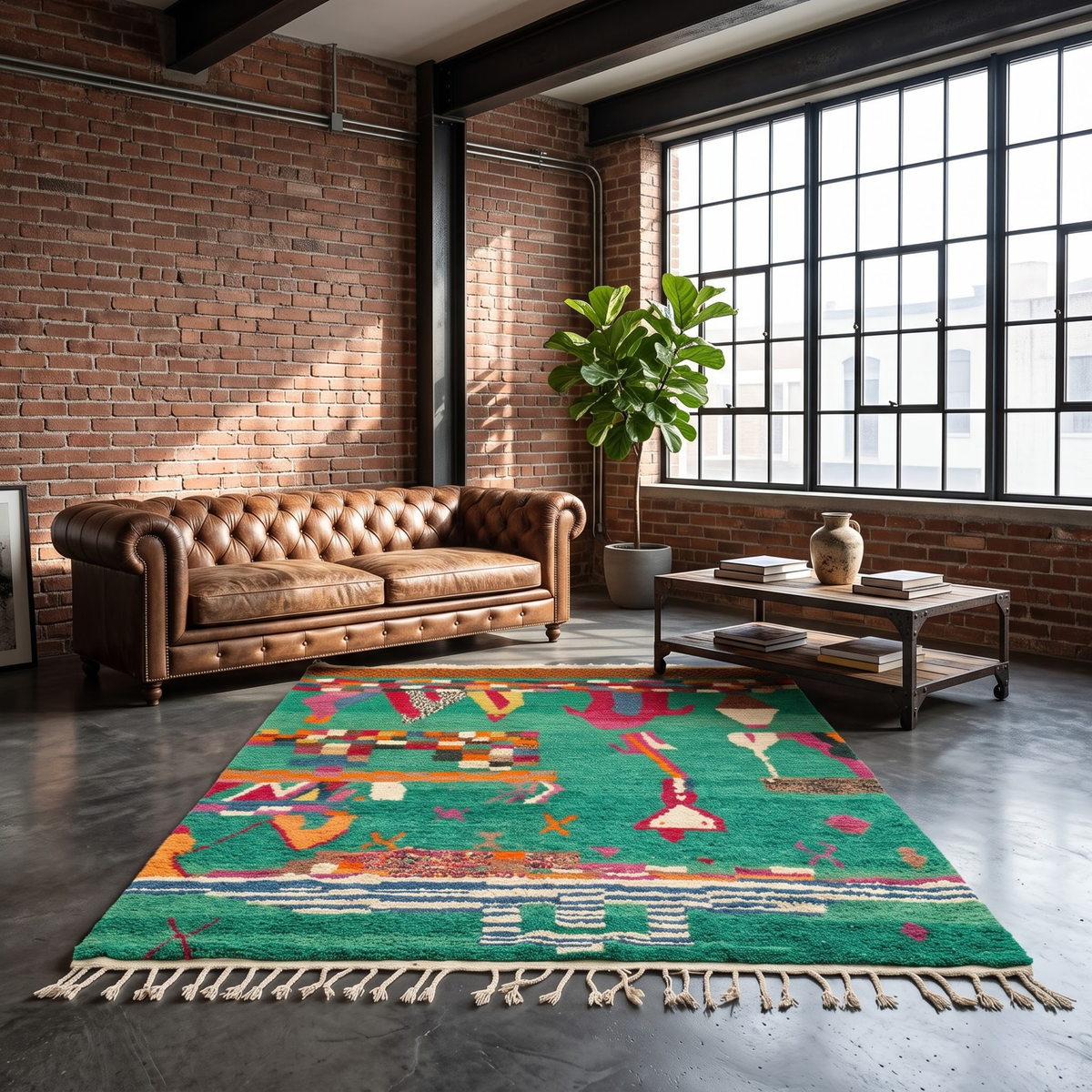 Handmade Moroccan Wool Rug Azilal Style | Emerald Green with Multicolor Tribal Berber Symbols Atlas Carpet