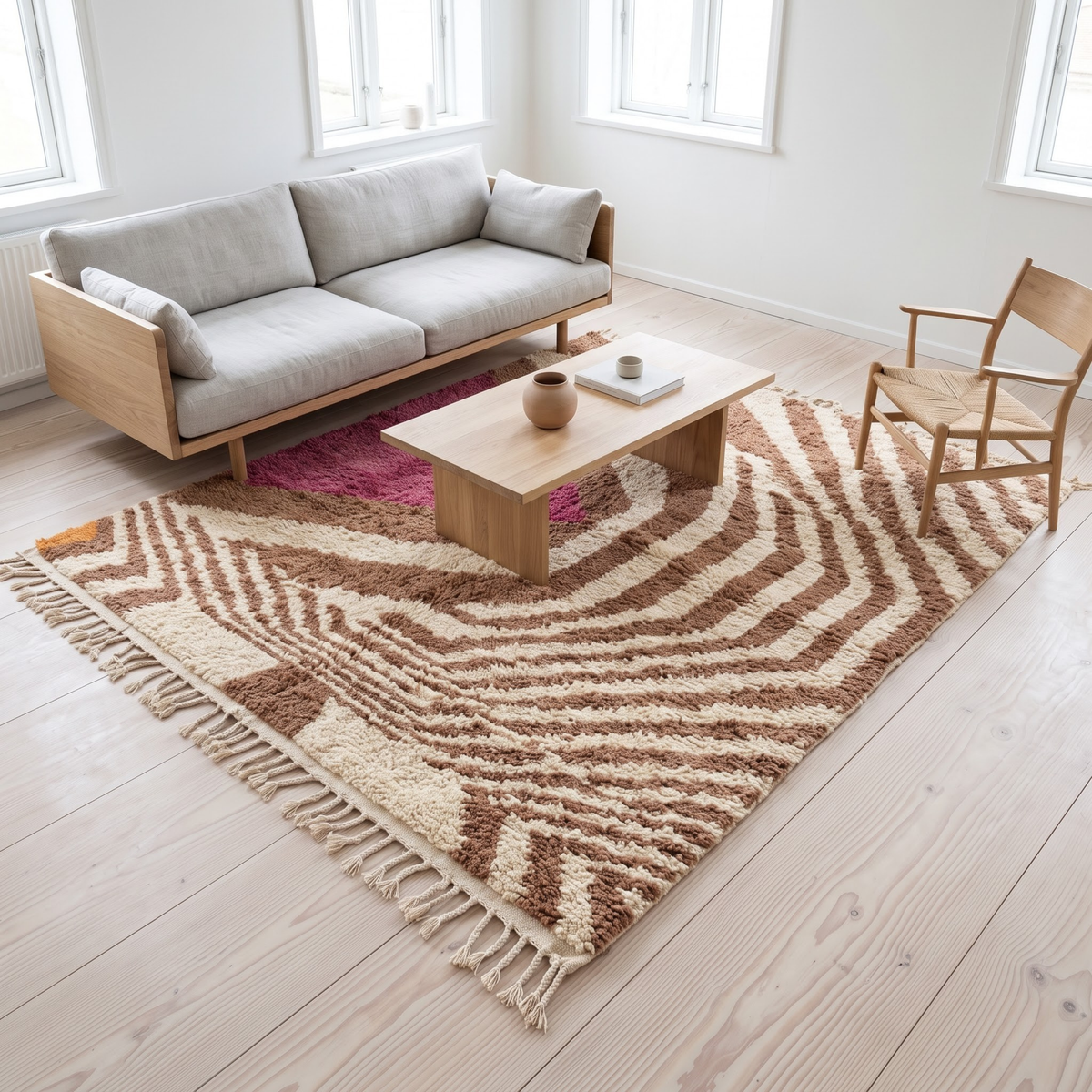 Handmade Moroccan Wool Rug Azilal Style | Caramel Wave Motif with Magenta Focal Point Atlas Carpet