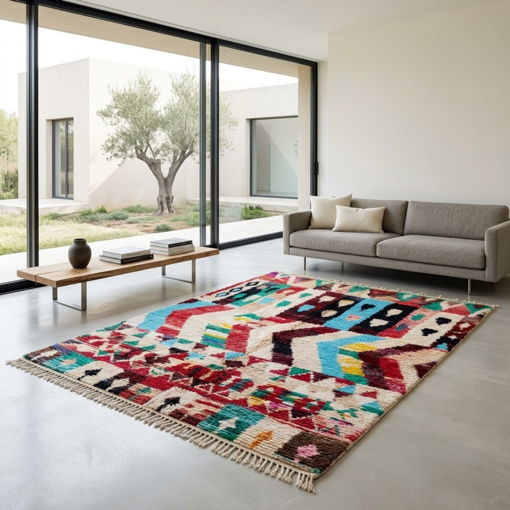 Handmade Moroccan Wool Rug Azilal Style | Vibrant Multicolor Tribal Chevron & Talisman Atlas Carpet