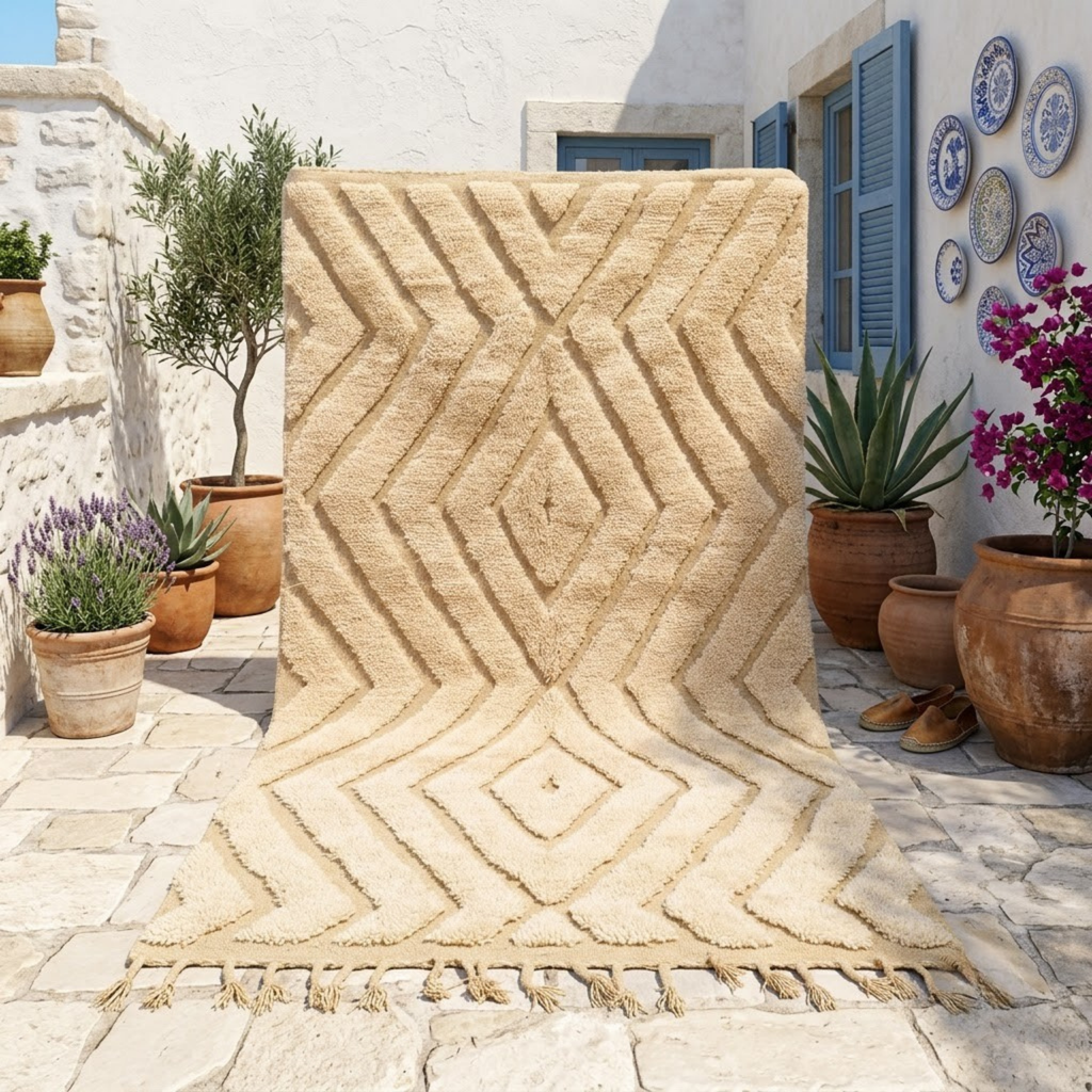 Handmade Moroccan Wool Rug Beni Ourain Style | High-Low 3D Textured Diamond & Chevron Pattern in Sand Beige