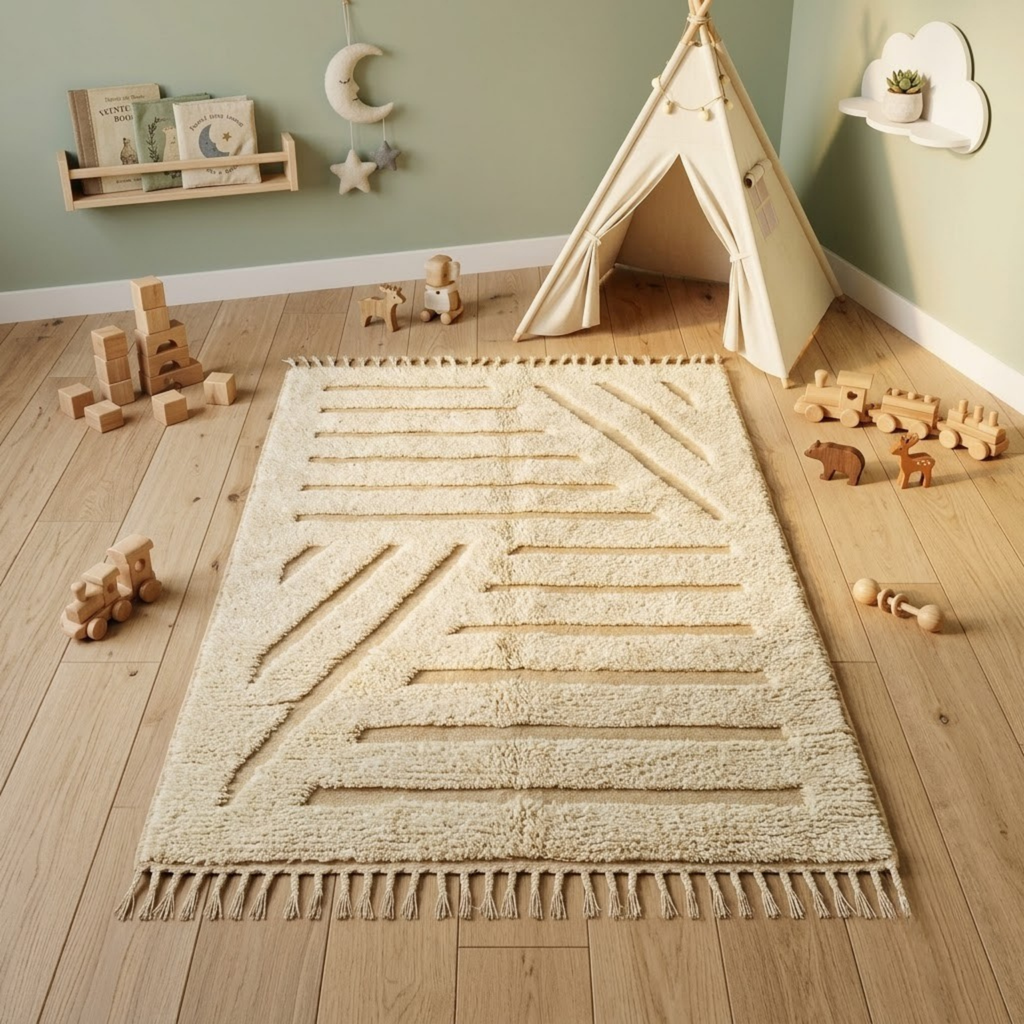 Handmade Moroccan Wool Rug Beni Ourain Style | High-Low 3D Geometric Linear Pattern in Cream & Sand