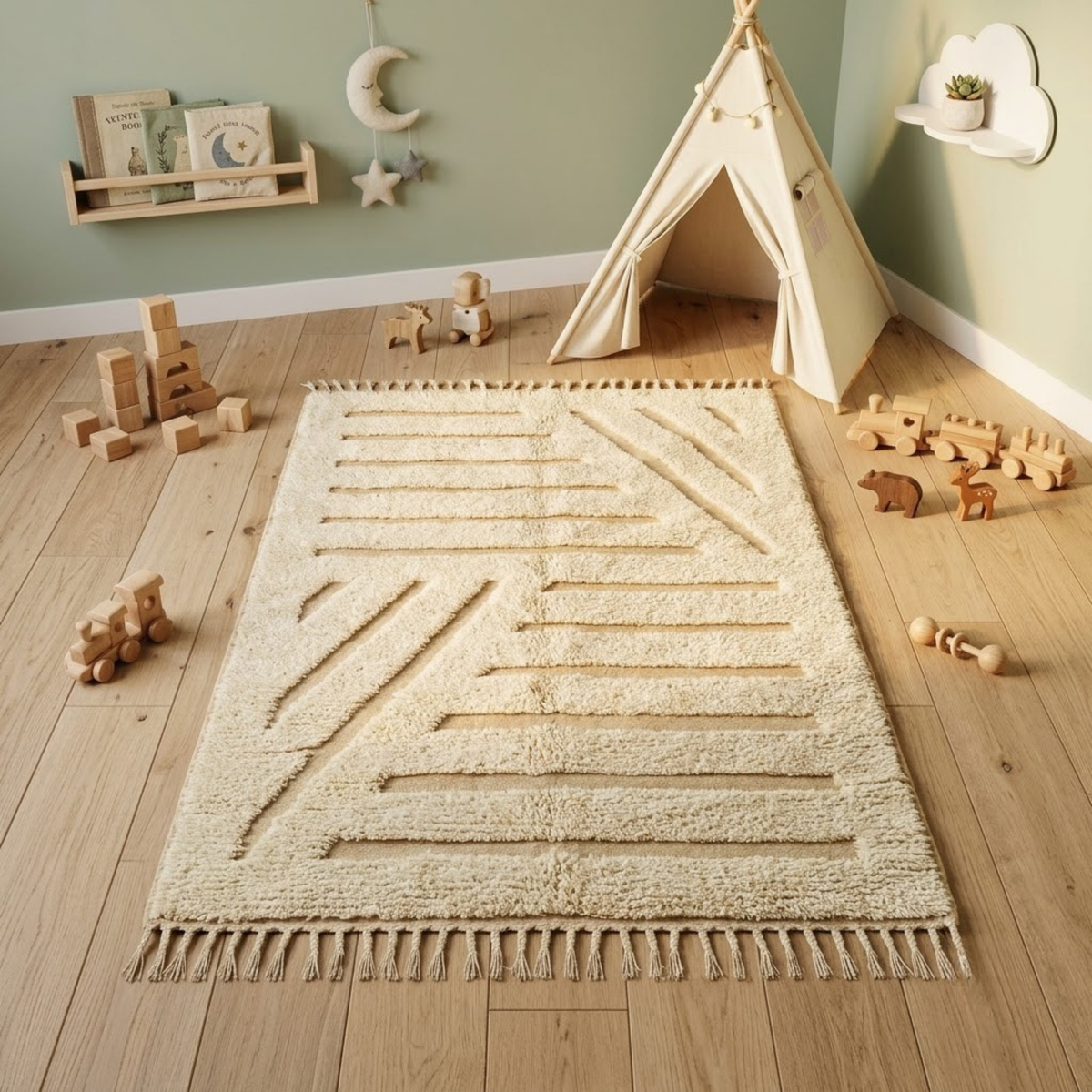 Handmade Moroccan Wool Rug Beni Ourain Style | High-Low 3D Geometric Linear Pattern in Cream & Sand