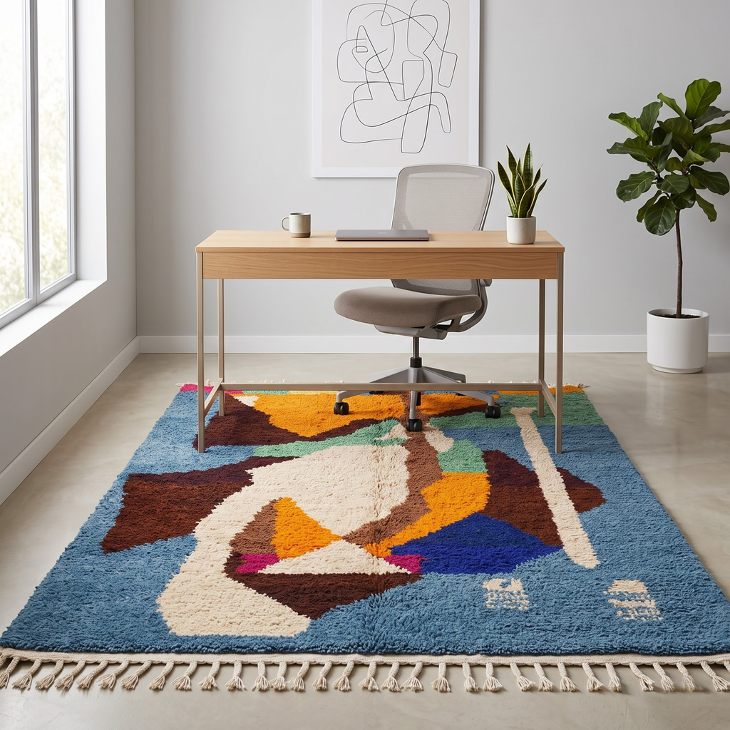 Handmade Moroccan Wool Rug Azilal Style | Abstract Cubist Art Composition in Denim Blue, Ochre & Sage Atlas Carpet