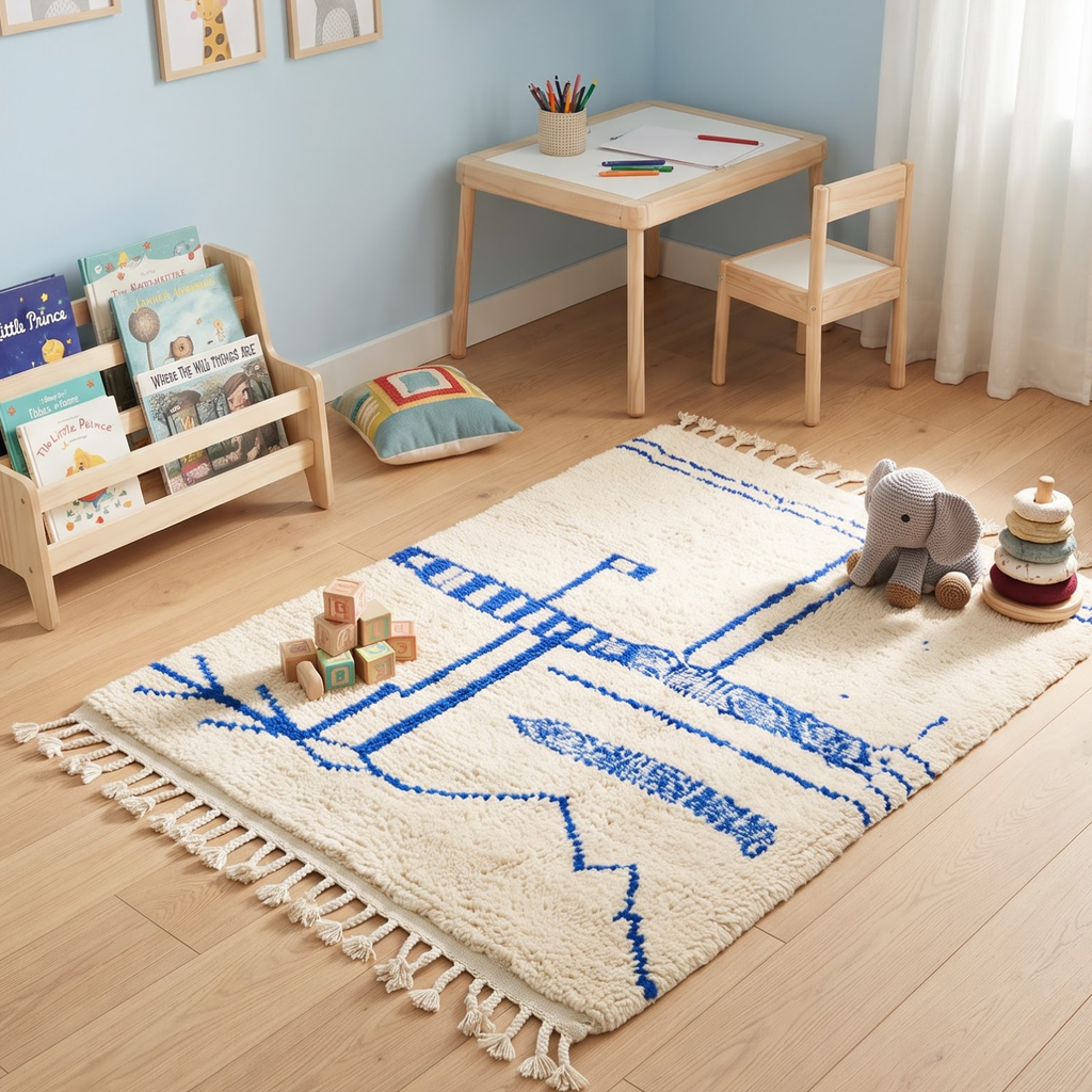 Handmade Moroccan Wool Rug Azilal Style | Cobalt Majorelle Blue Abstract Motifs on Cream Atlas Carpet