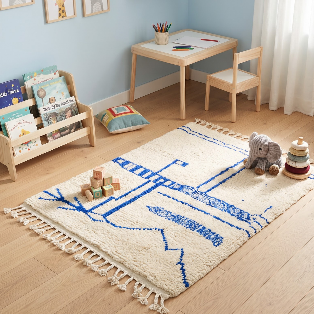 Handmade Moroccan Wool Rug Azilal Style | Cobalt Majorelle Blue Abstract Motifs on Cream Atlas Carpet