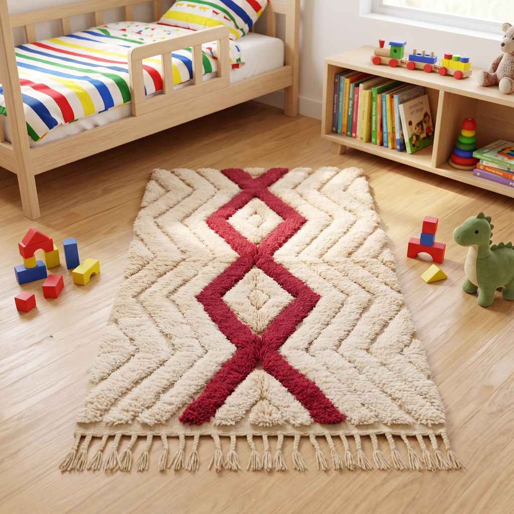 Handmade Moroccan Textured Wool Rug with Ruby Red Diamond | High-Low Atlas Berber Carpet