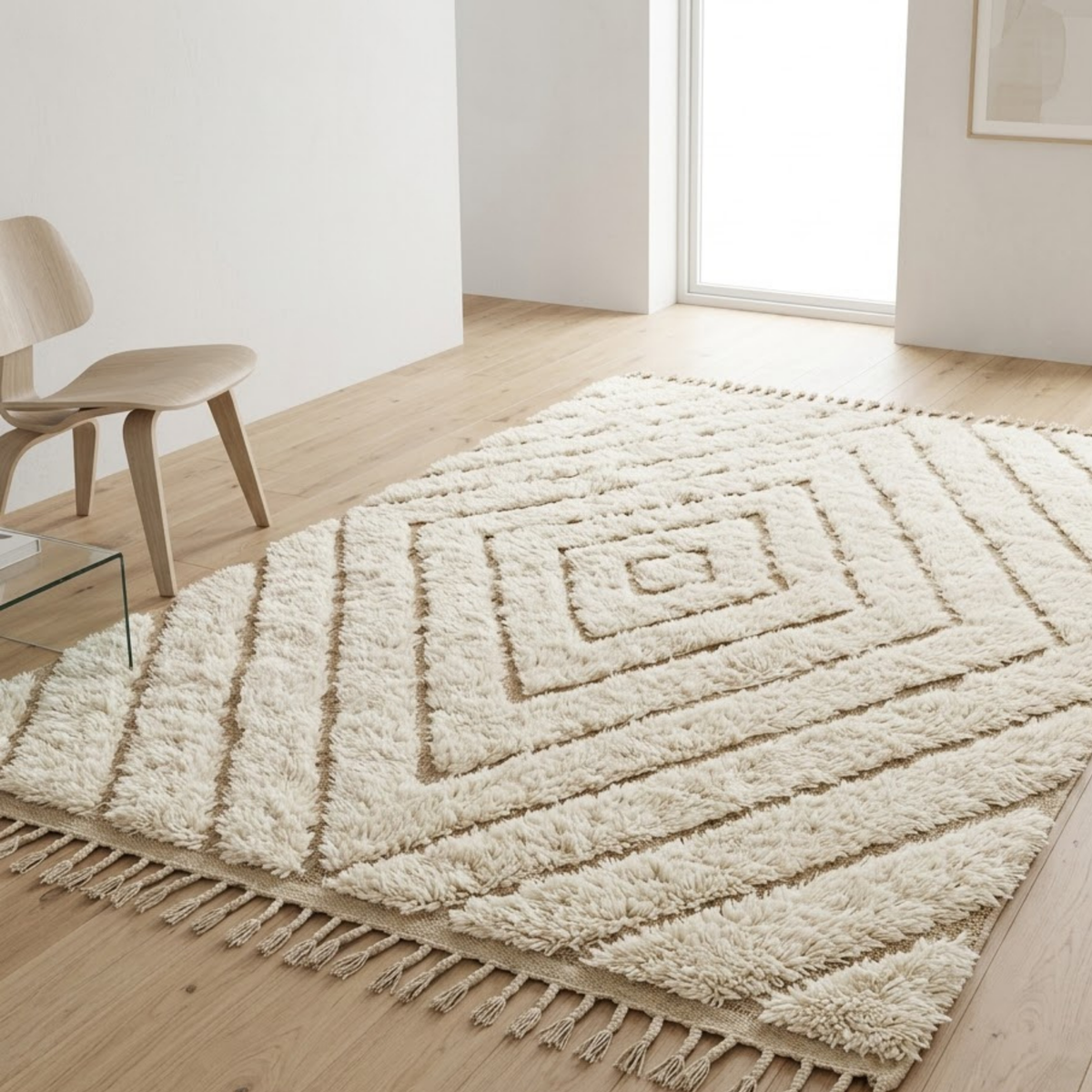 Handmade Moroccan Wool Rug Beni Ourain Style | High-Low 3D Concentric Diamond Pattern in Sand Beige & Ivory