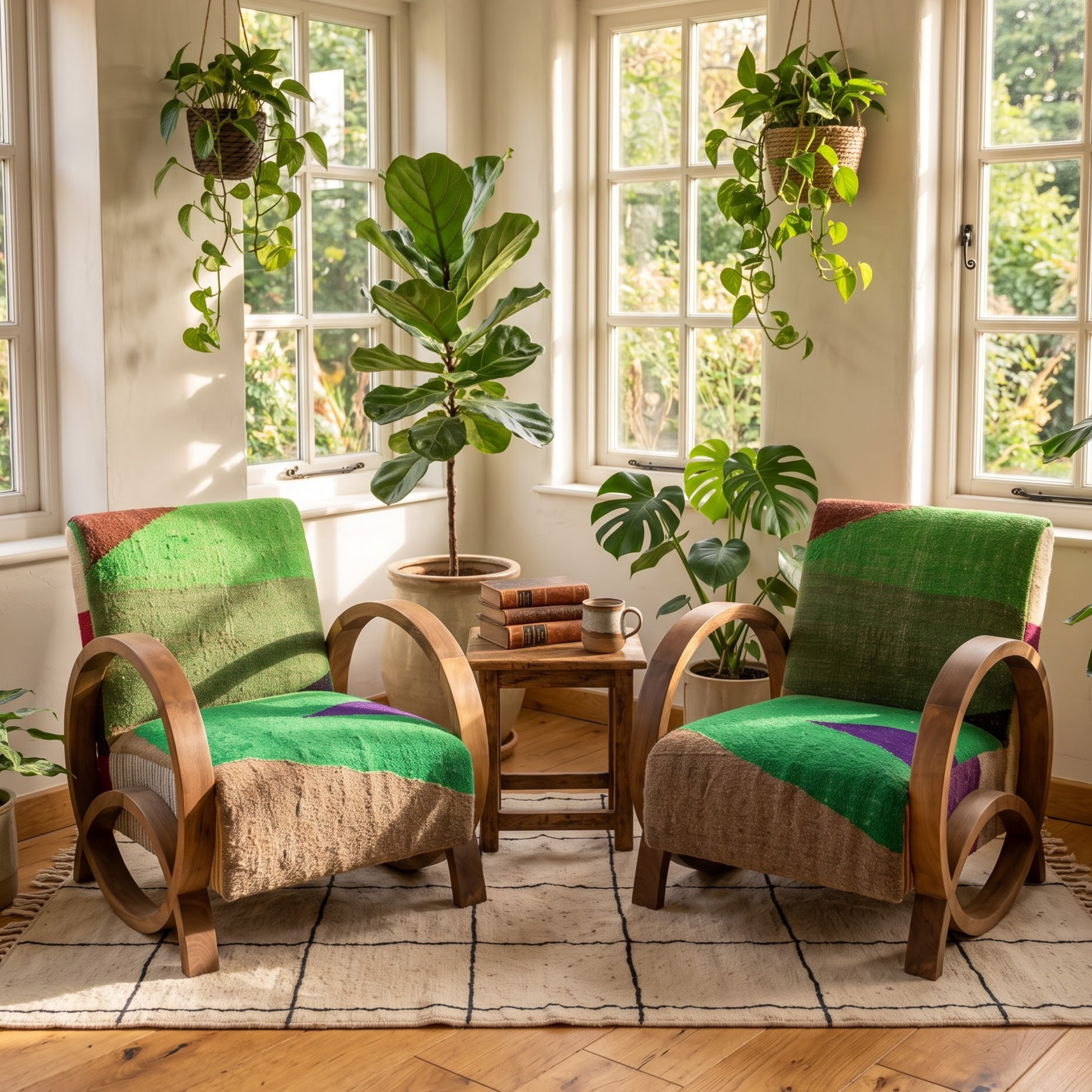 Handmade Moroccan Solid Walnut Bentwood Armchair – Emerald Green Kilim Fabric