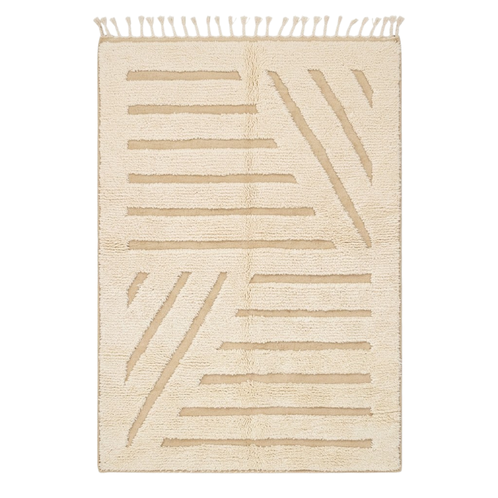 Handmade Moroccan Wool Rug Beni Ourain Style | High-Low 3D Geometric Linear Pattern in Cream & Sand