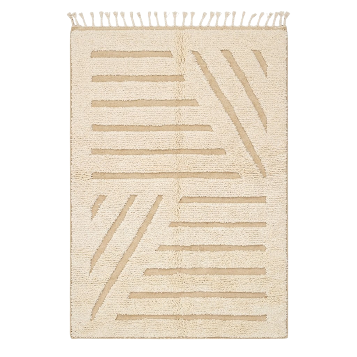 Handmade Moroccan Wool Rug Beni Ourain Style | High-Low 3D Geometric Linear Pattern in Cream & Sand