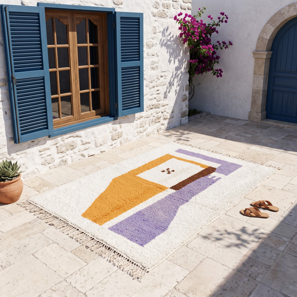 Handmade Moroccan Wool Rug Azilal Style | Abstract Minimalist Color Block in Lavender, Ochre & Cream Atlas Carpet
