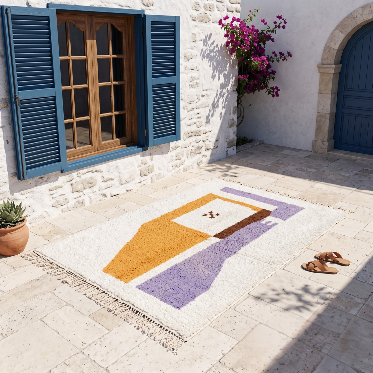Handmade Moroccan Wool Rug Azilal Style | Abstract Minimalist Color Block in Lavender, Ochre & Cream Atlas Carpet