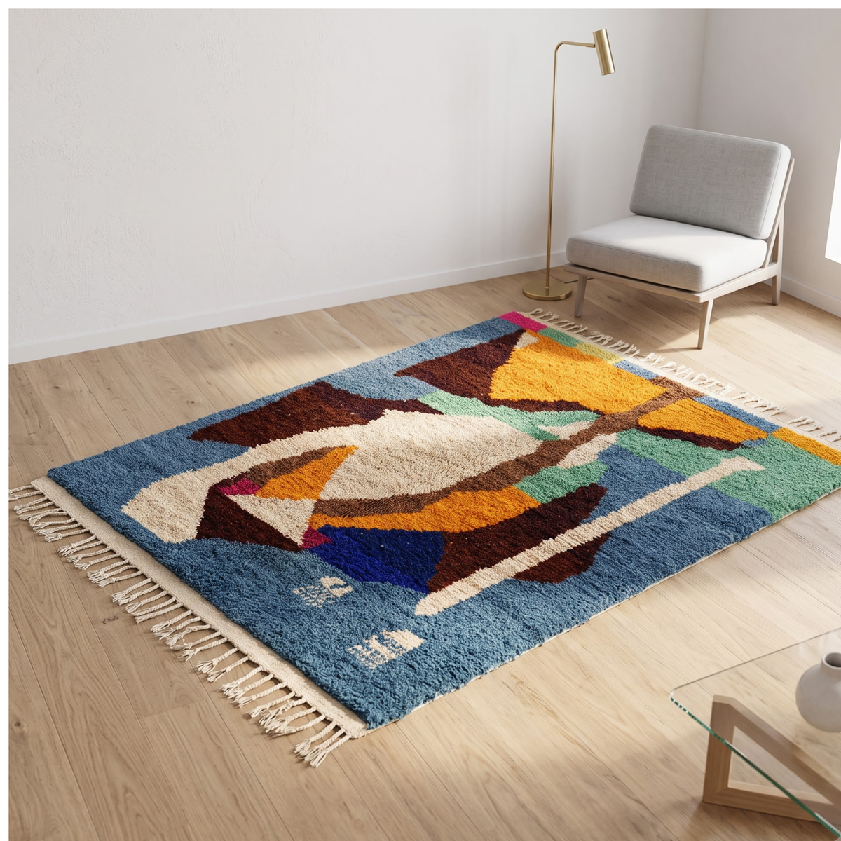 Handmade Moroccan Wool Rug Azilal Style | Abstract Cubist Art Composition in Denim Blue, Ochre & Sage Atlas Carpet