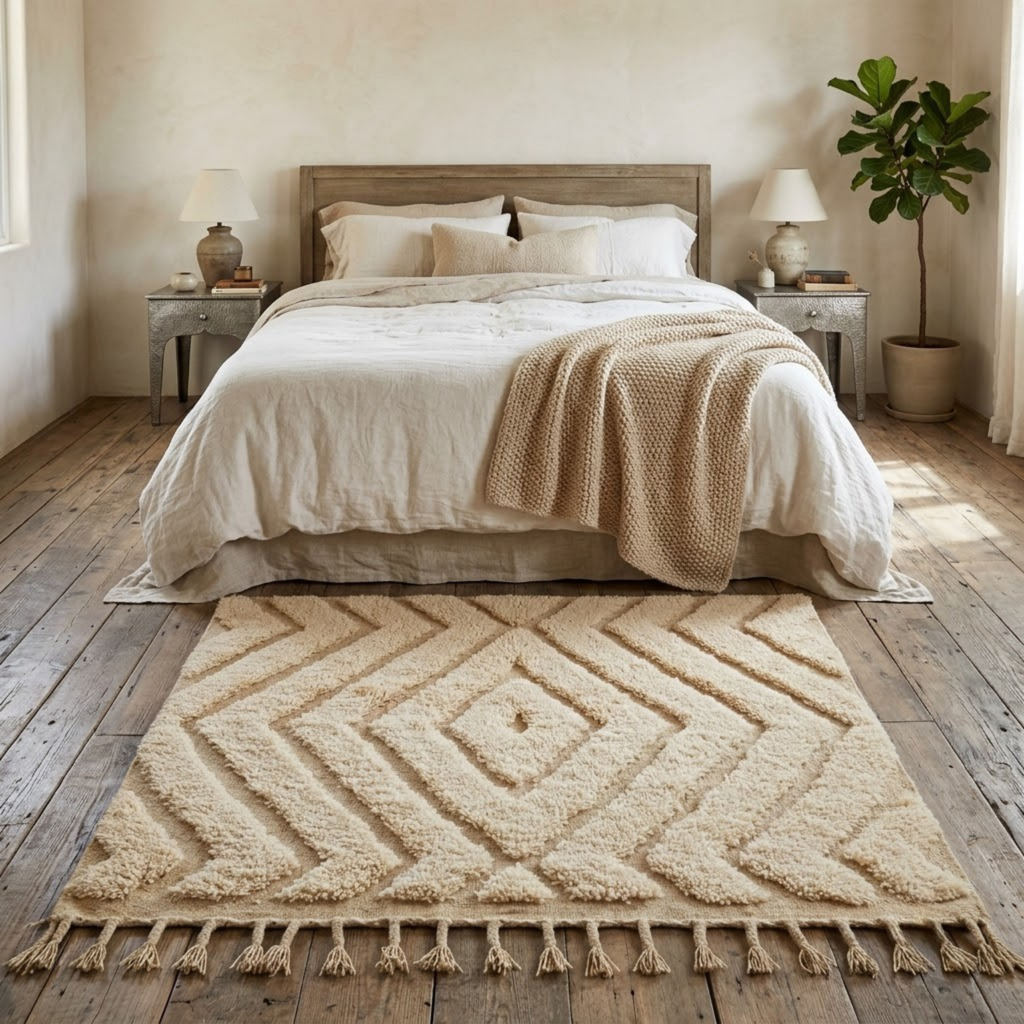 Handmade Moroccan Wool Rug Beni Ourain Style | High-Low 3D Textured Diamond & Chevron Pattern in Sand Beige