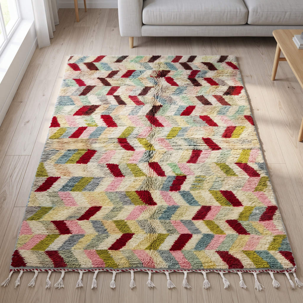 Handmade Moroccan Wool Rug Azilal / Boujaad Style | Multicolor Herringbone Chevron Pattern Atlas Carpet