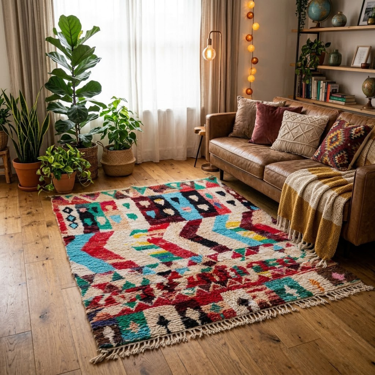 Handmade Moroccan Wool Rug Azilal Style | Vibrant Multicolor Tribal Chevron & Talisman Atlas Carpet