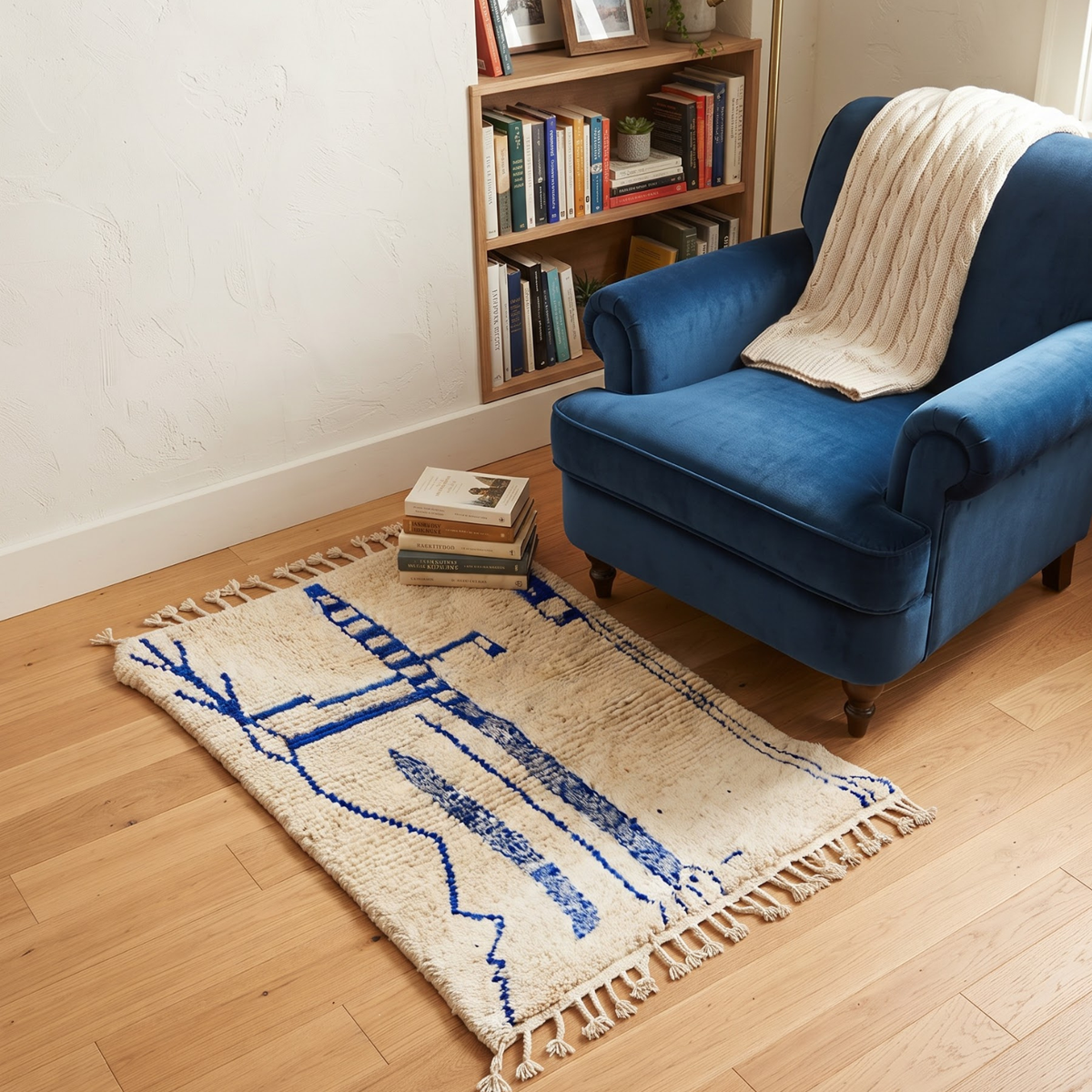 Handmade Moroccan Wool Rug Azilal Style | Cobalt Majorelle Blue Abstract Motifs on Cream Atlas Carpet