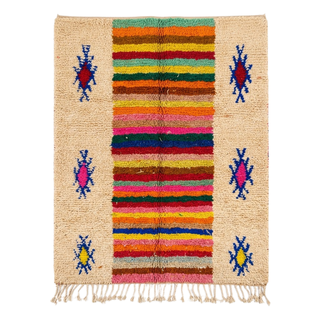 Handmade Moroccan Wool Rug Azilal Style | Multicolor Striped Center & Protective Talismans on Sand Atlas Carpet
