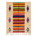 Handmade Moroccan Wool Rug Azilal Style | Multicolor Striped Center & Protective Talismans on Sand Atlas Carpet