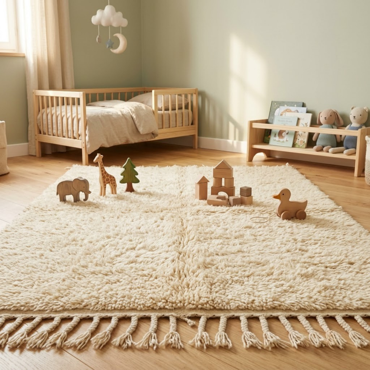 Handmade Moroccan Wool Rug Plain Beni Ourain Style | Solid Natural Sand & Cream High-Pile Atlas Carpet