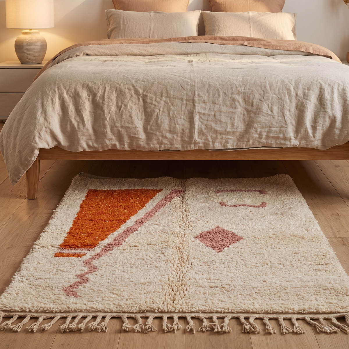 Handmade Moroccan Wool Rug Minimalist Azilal Style | Abstract Geometric Motifs in Terracotta & Dusty Pink Atlas Carpet
