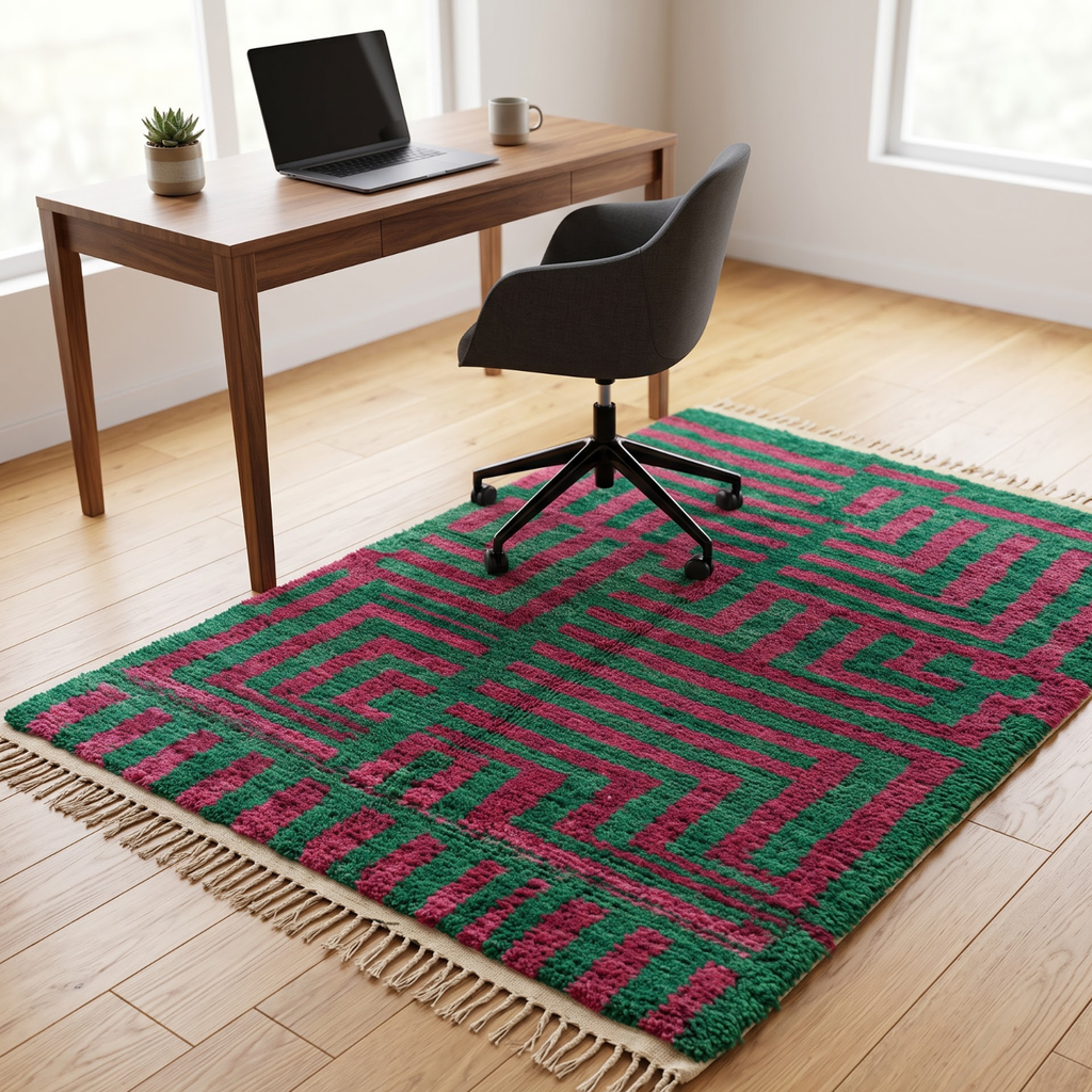 Handmade Moroccan Wool Rug Boujaad / Azilal Style | Emerald Green & Magenta Geometric Maze Atlas Carpet