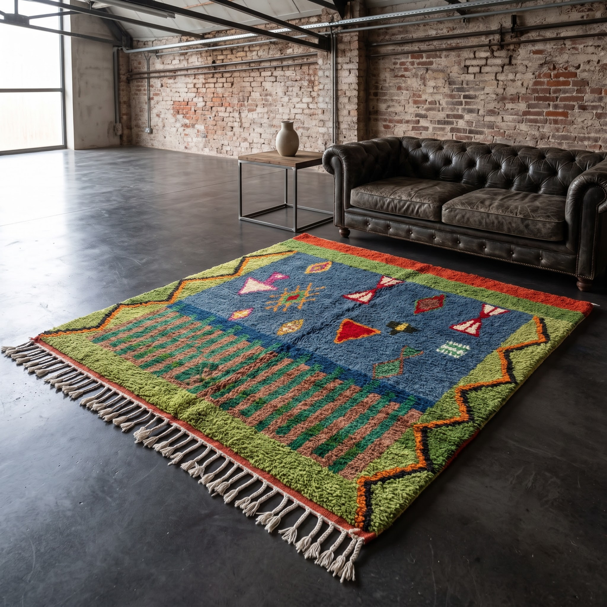 Handmade Moroccan Wool Rug Azilal Style | Starry Atlas Night Sky with Tribal Symbols in Indigo & Green