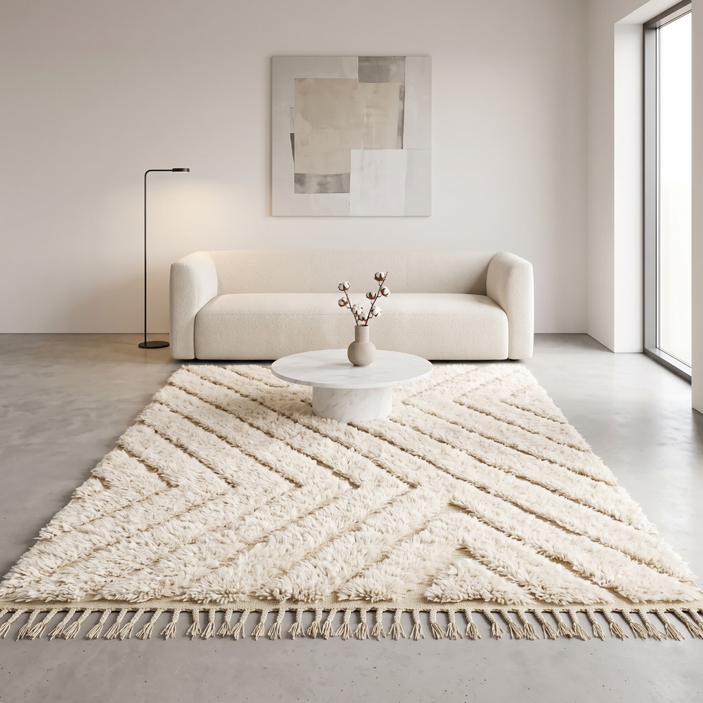 Handmade Moroccan Wool Rug Beni Ourain Style | High-Low 3D Textured Chevron Pattern in Cream & Sand