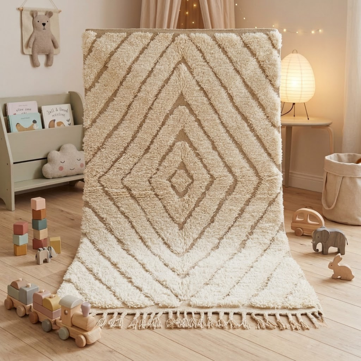 Handmade Moroccan Wool Rug Beni Ourain Style | High-Low 3D Concentric Diamond Pattern in Sand Beige & Ivory