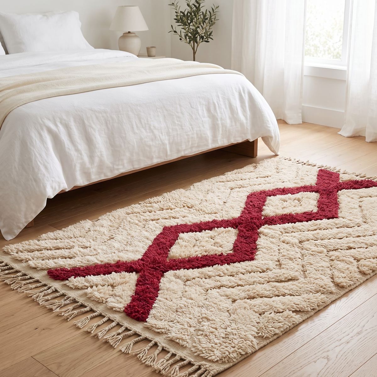 Handmade Moroccan Textured Wool Rug with Ruby Red Diamond | High-Low Atlas Berber Carpet