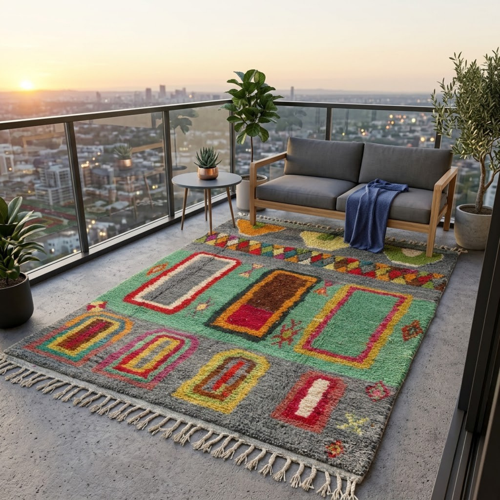 Handmade Moroccan Wool Rug Azilal Style | Architectural Portals & Arches in Slate Grey & Mint Green Atlas Carpet