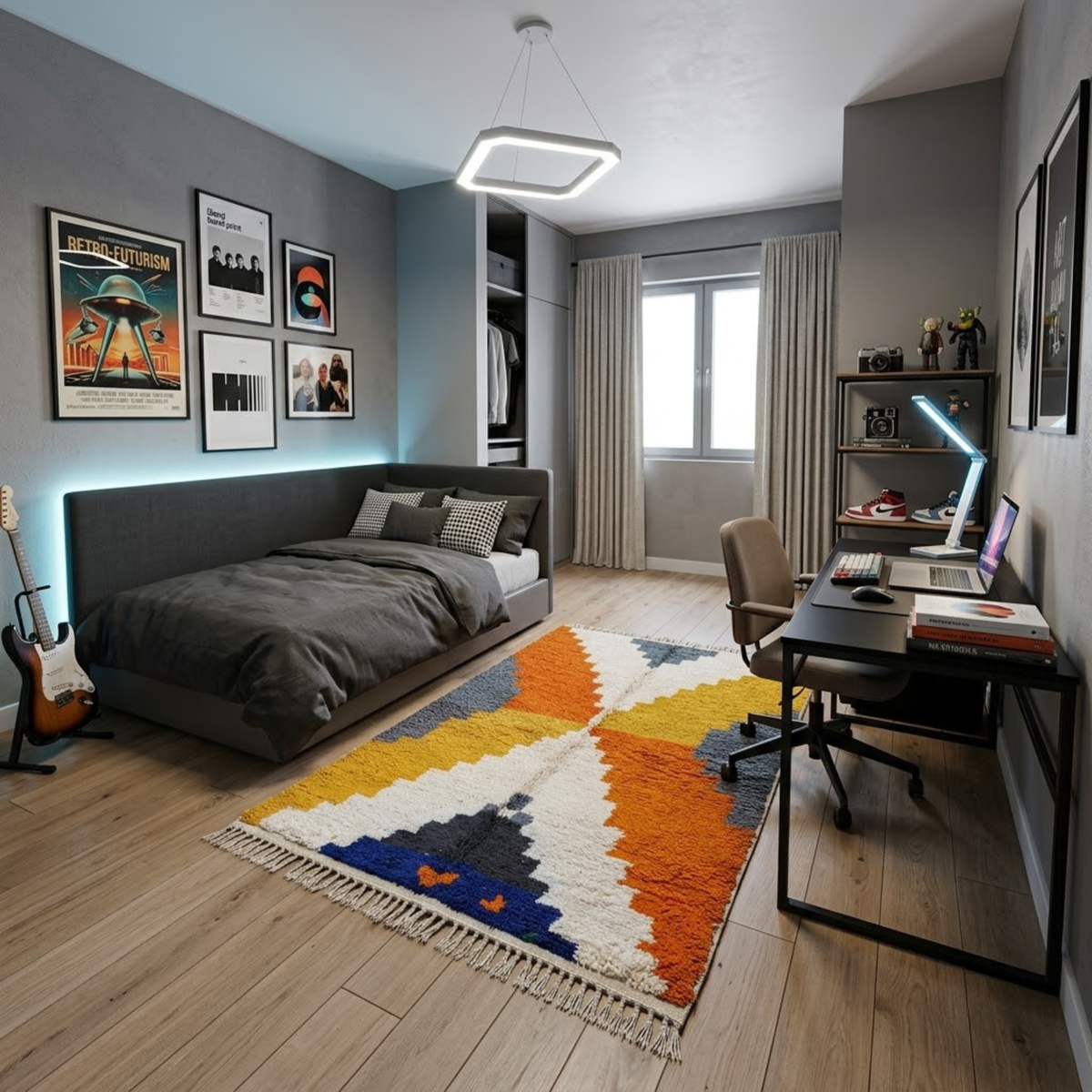 Handmade Moroccan Wool Rug Azilal Style | Stepped Geometric Diamond in Terracotta, Mustard & Slate Grey Atlas Carpet