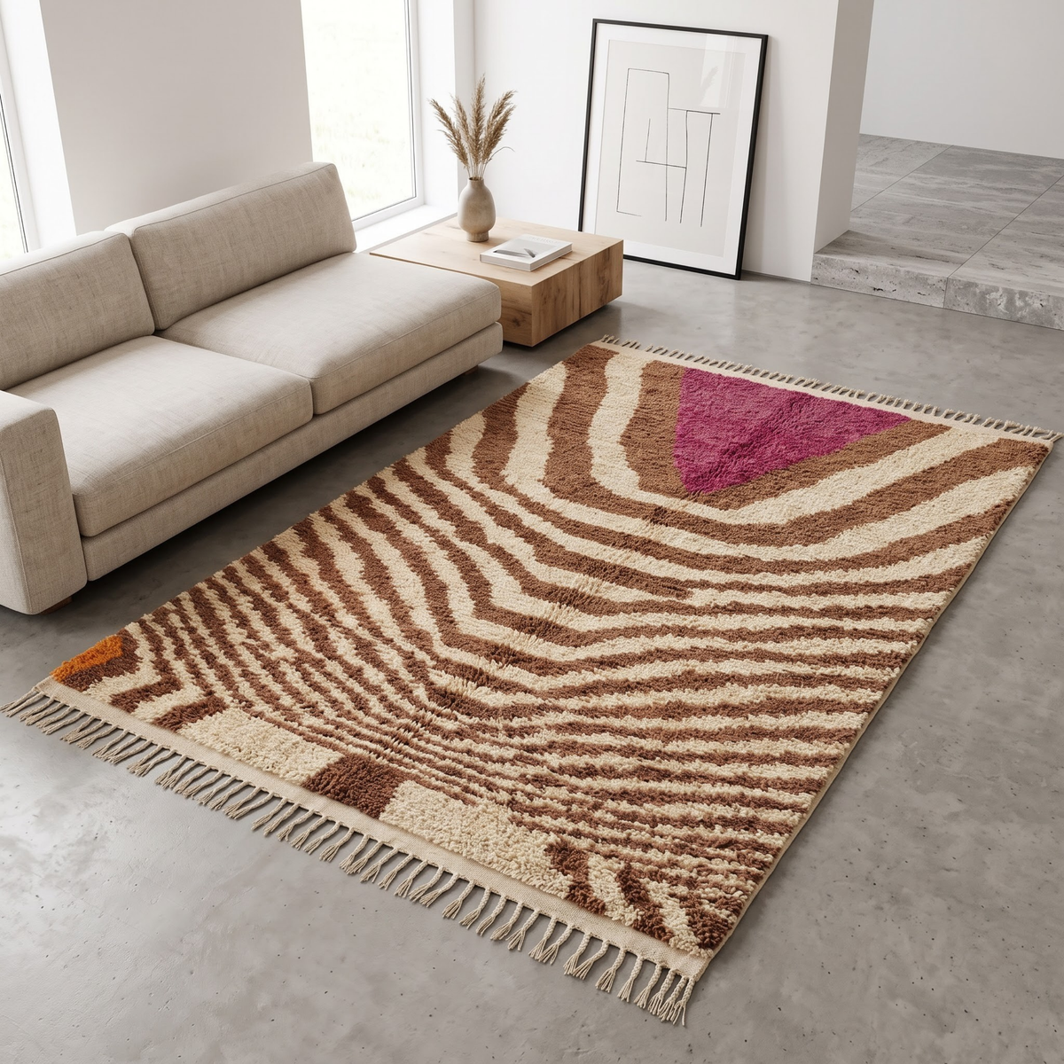 Handmade Moroccan Wool Rug Azilal Style | Caramel Wave Motif with Magenta Focal Point Atlas Carpet