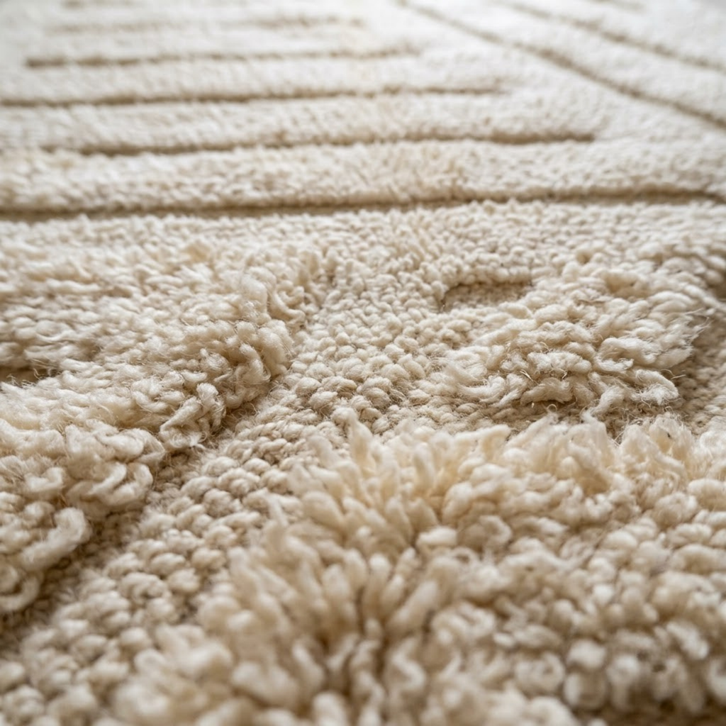Handmade Moroccan Wool Rug Beni Ourain Style | High-Low 3D Geometric Linear Pattern in Cream & Sand