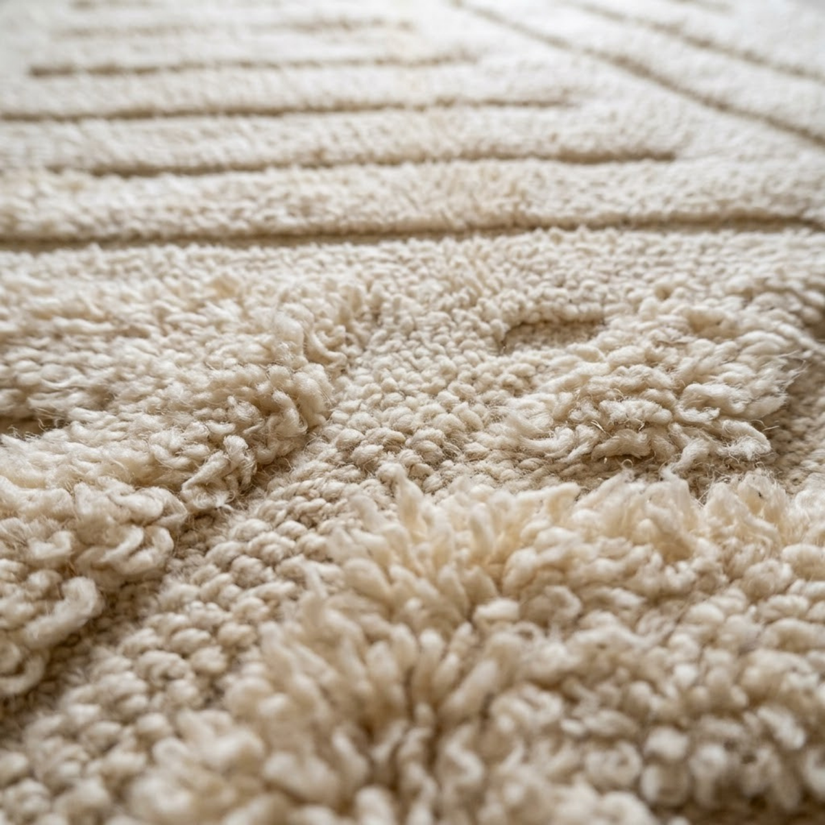 Handmade Moroccan Wool Rug Beni Ourain Style | High-Low 3D Geometric Linear Pattern in Cream & Sand