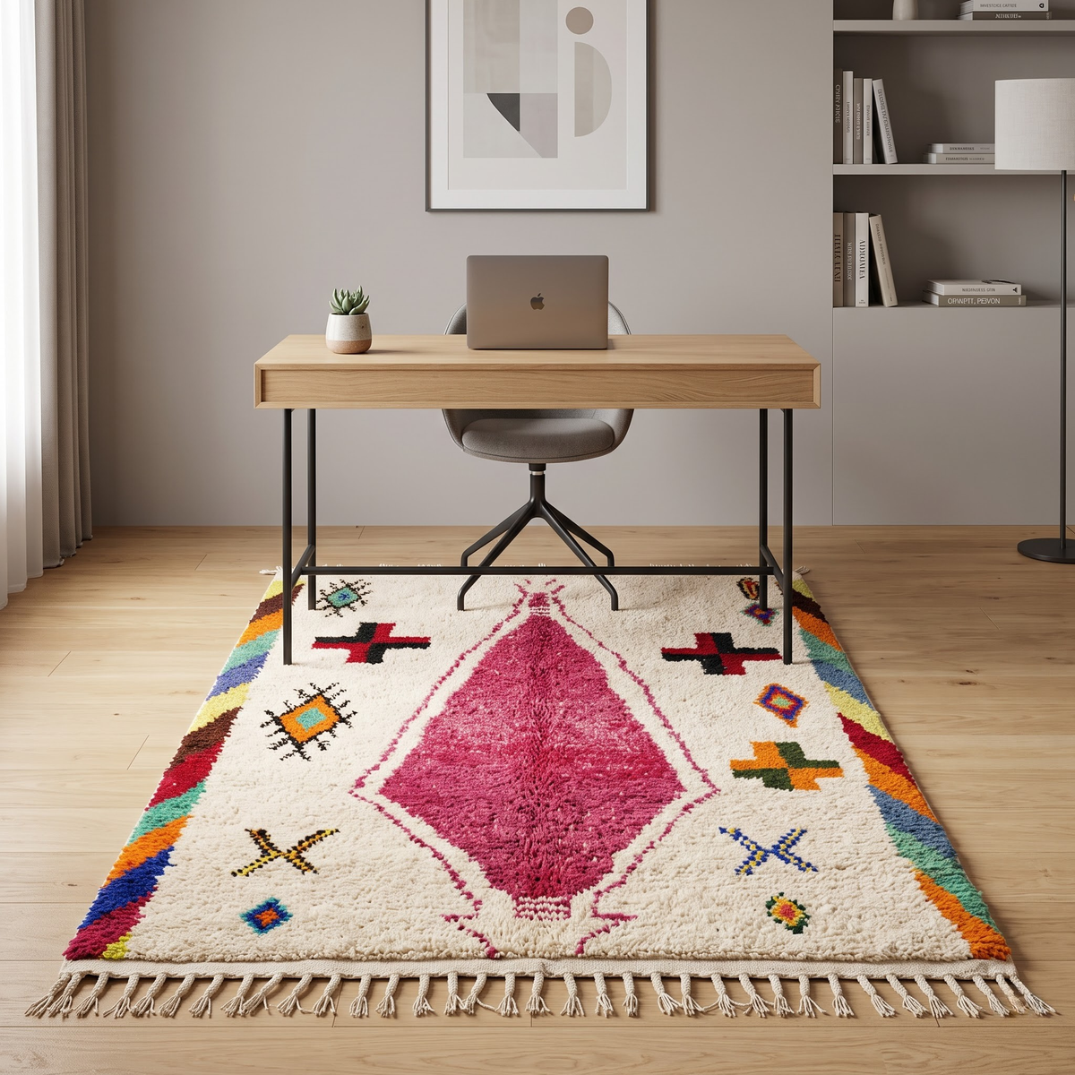 Handmade Moroccan Wool Rug Azilal Style | Magenta Centerpiece & Tribal Cross Symbols on Cream Atlas Carpet