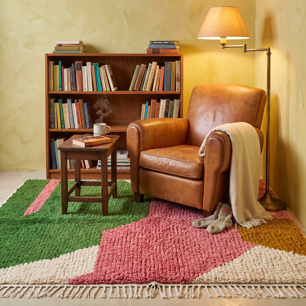 Handmade Moroccan Wool Rug Azilal Style | Abstract Organic Color Block in Blush Pink, Green & Mustard Atlas Carpet