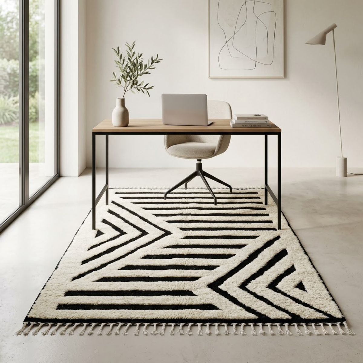Handmade Moroccan Wool Rug Contemporary Beni Ourain Style | Black & White Striped Chevron Geometric Atlas Carpet