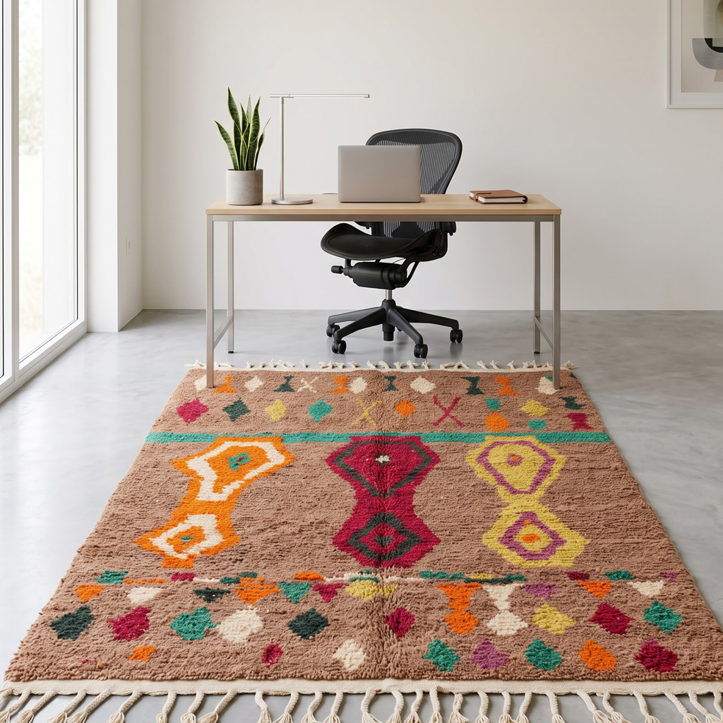 Handmade Moroccan Wool Rug Azilal / Boujaad Style | Mocha Brown Field with Tribal Urn & Talisman Motifs Atlas Carpet