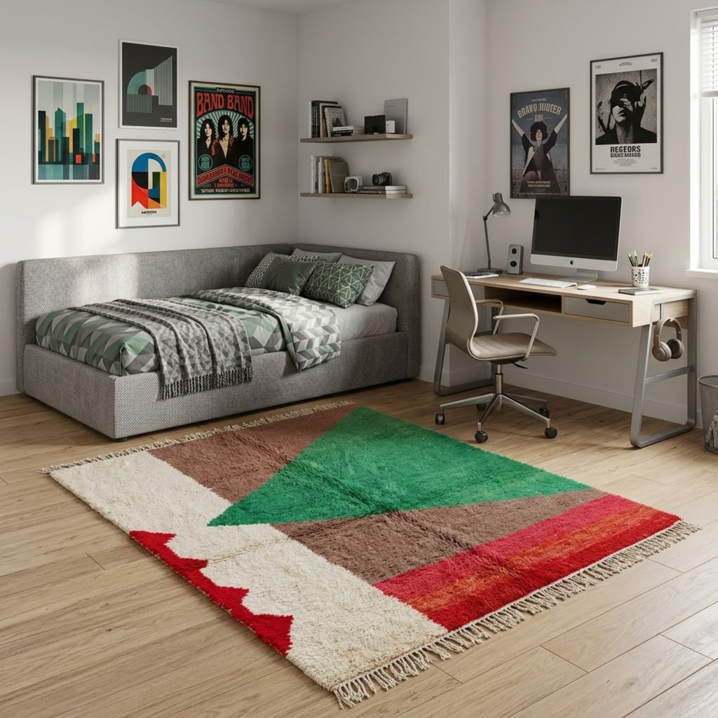 Handmade Moroccan Wool Rug Boujaad / Azilal Style | Abstract Color Block in Forest Green, Taupe & Terracotta Atlas Carpet