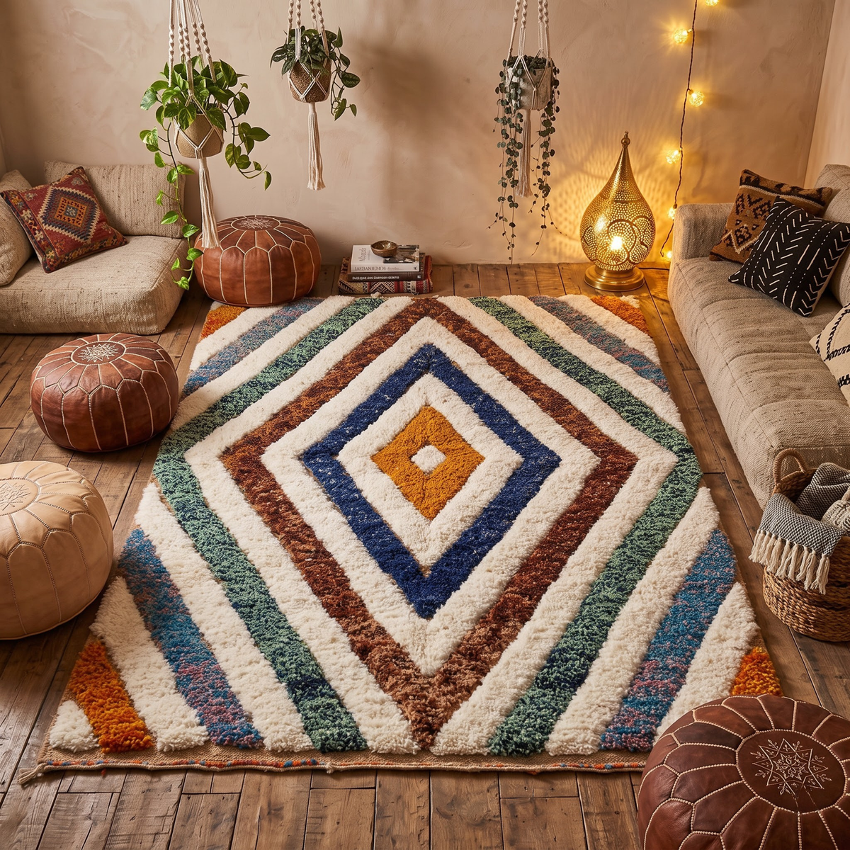 Handmade Moroccan Wool Rug Geometric Diamond Prism | Artisanal Atlas Berber Shag Carpet