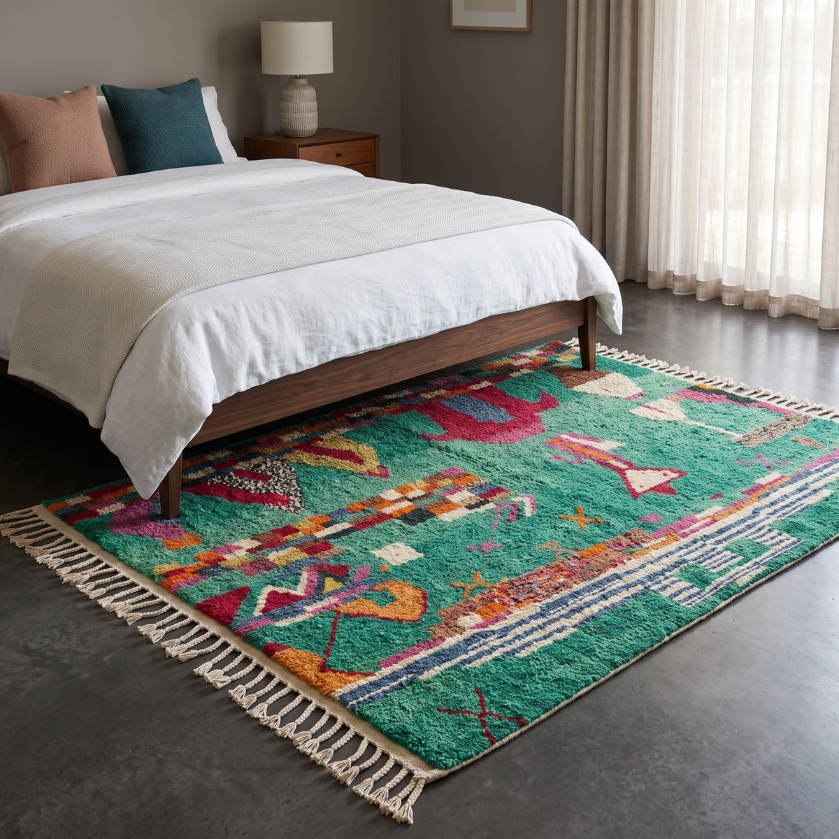 Handmade Moroccan Wool Rug Azilal Style | Emerald Green with Multicolor Tribal Berber Symbols Atlas Carpet