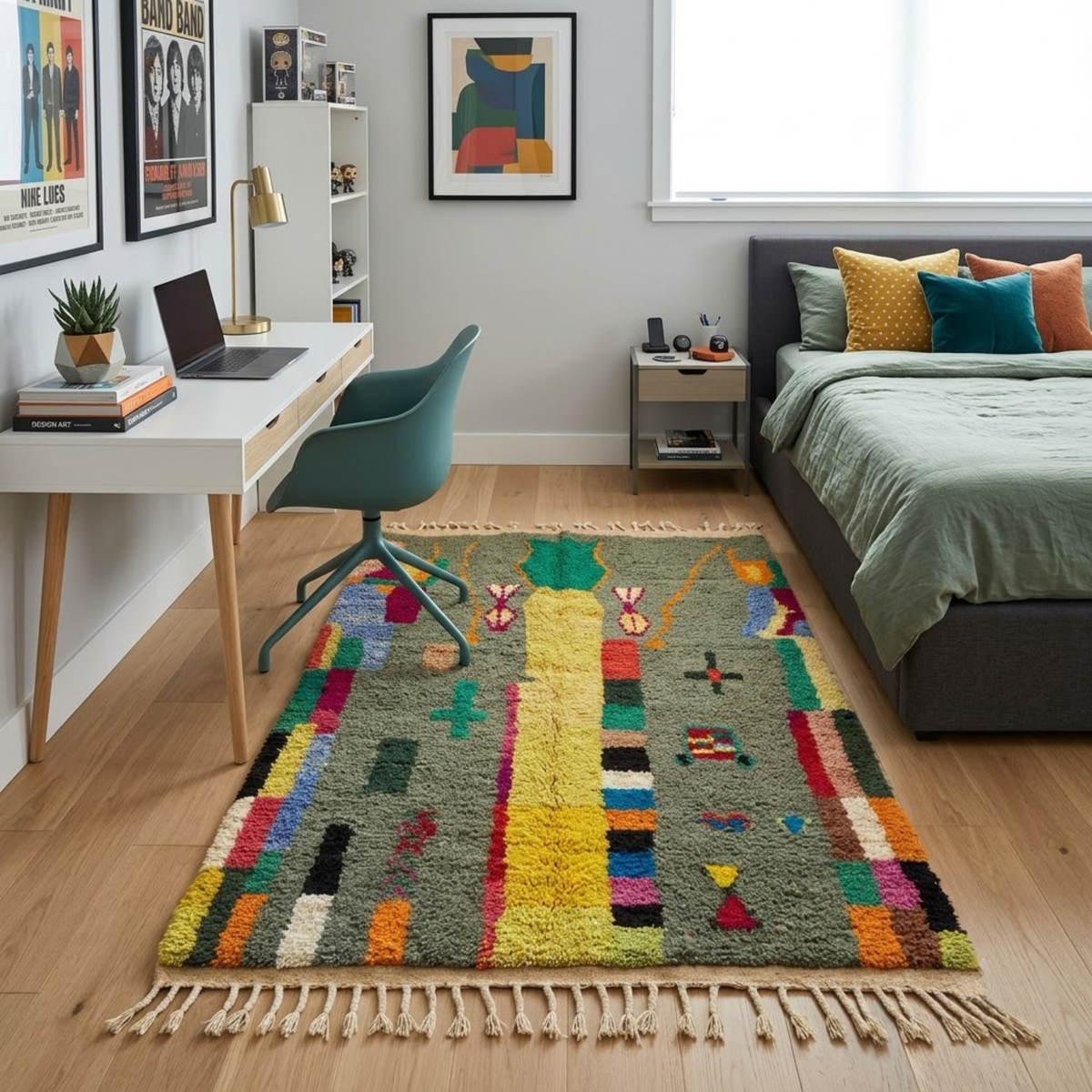 Handmade Moroccan Wool Rug Azilal Style | Sage Olive Green with Tree of Life & Berber Motifs Atlas Carpet