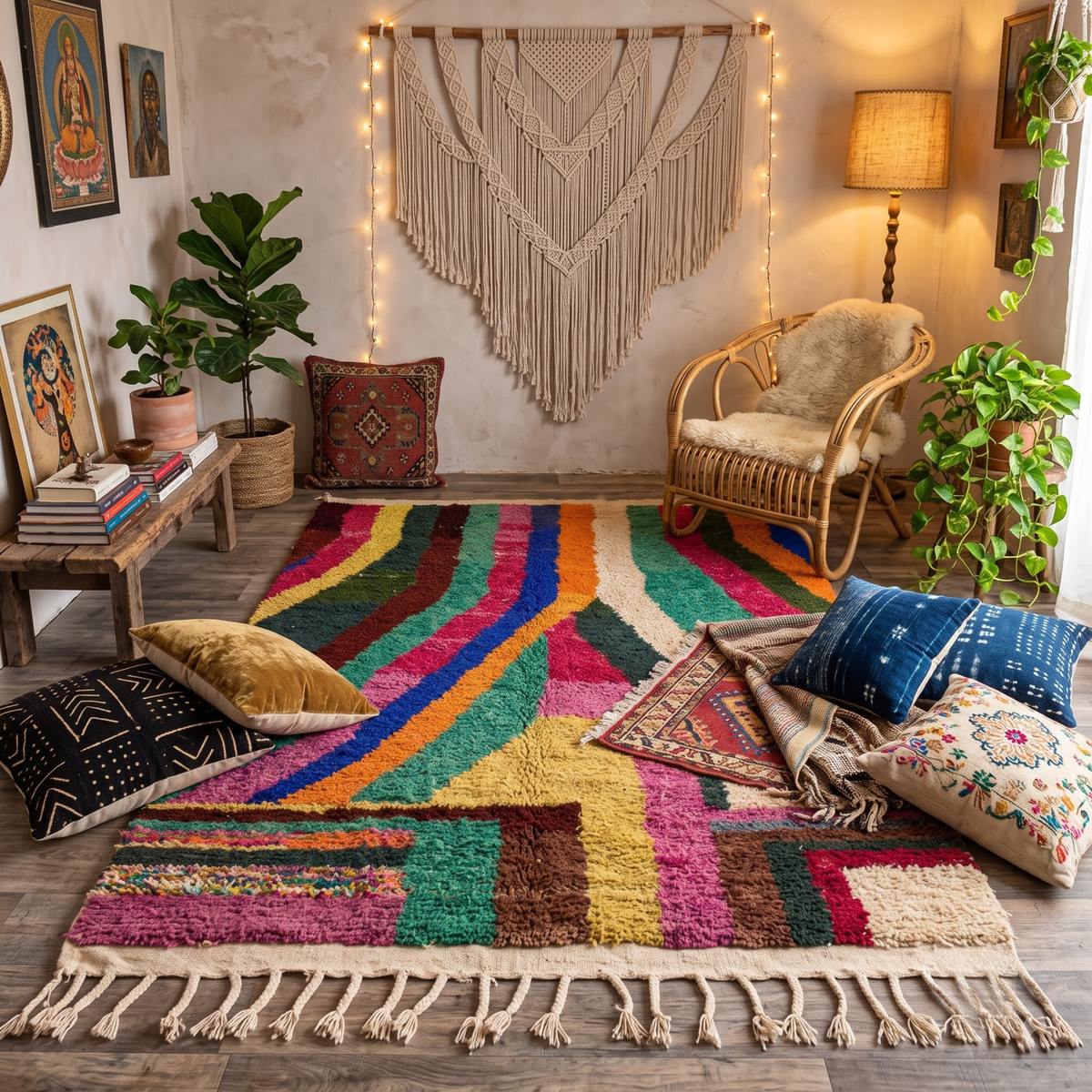 Handmade Moroccan Wool Rug Azilal Style | Vibrant Multicolor Striped & Color Block Atlas Carpet