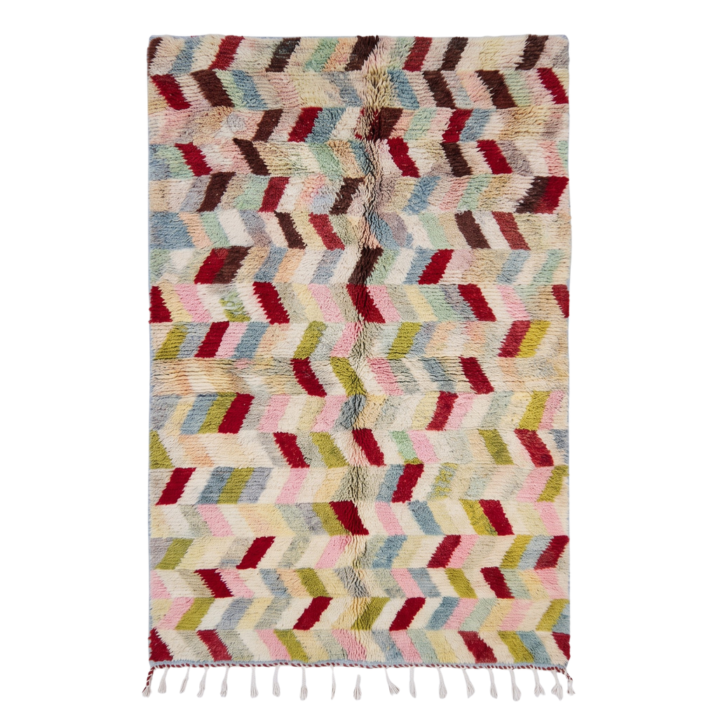 Handmade Moroccan Wool Rug Azilal / Boujaad Style | Multicolor Herringbone Chevron Pattern Atlas Carpet