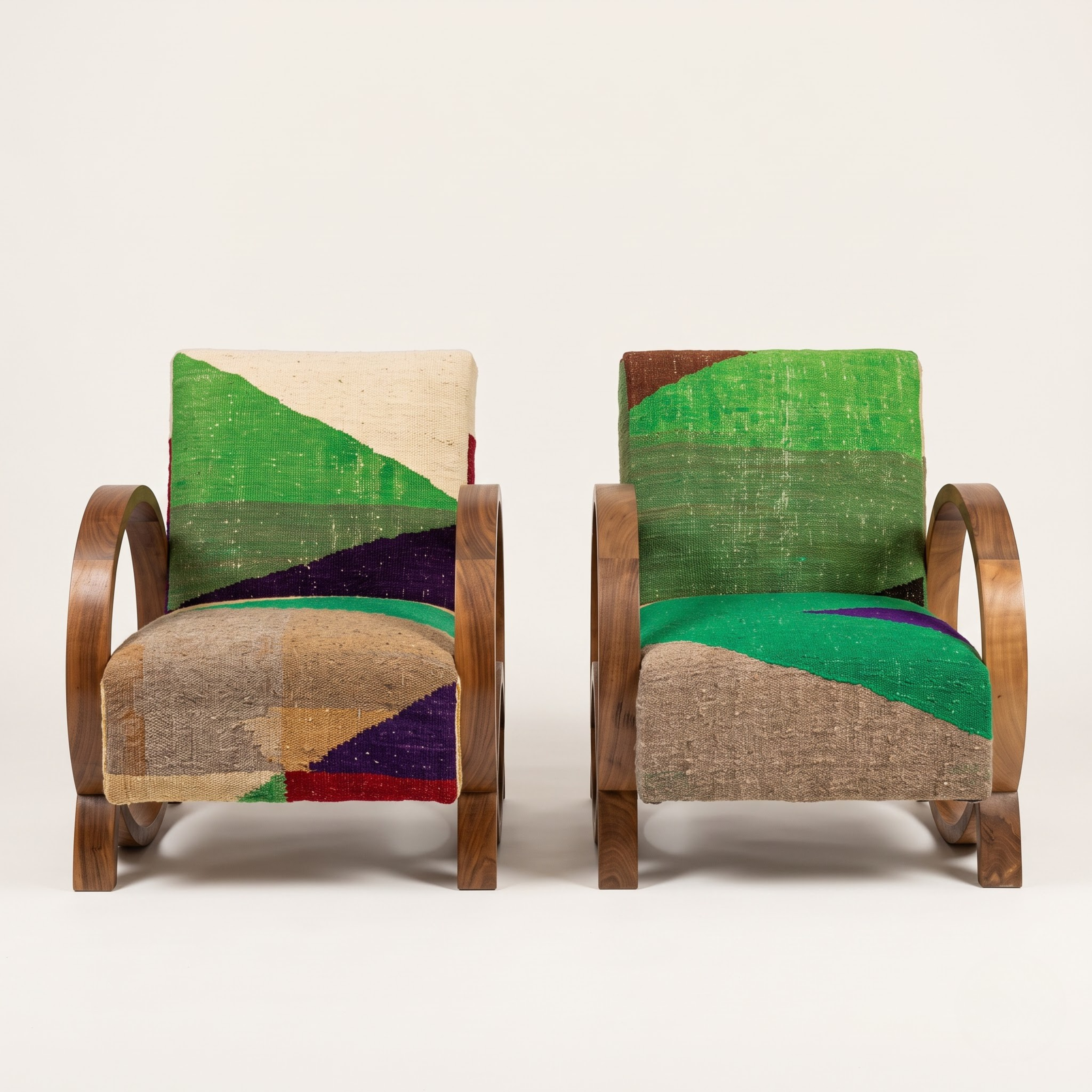 Handmade Moroccan Solid Walnut Bentwood Armchair – Emerald Green Kilim Fabric