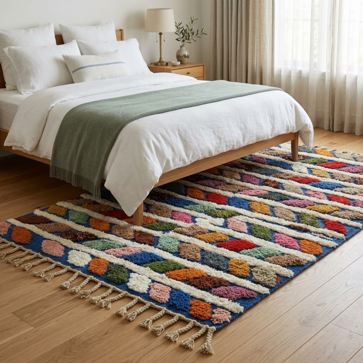 Handmade Moroccan Wool Rug Azilal Style | Multicolor Braided Herringbone on Ocean Blue & Ivory Atlas Carpet